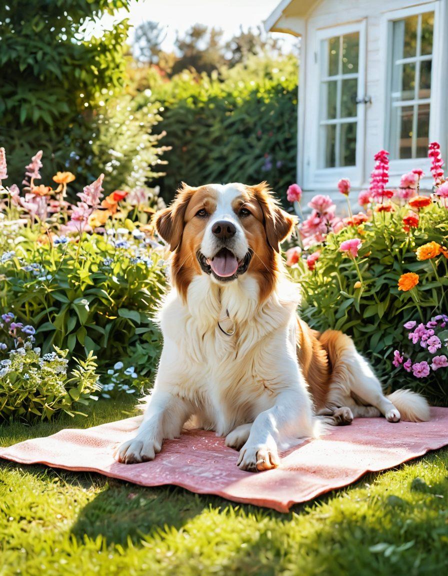 A serene scene featuring a joyful dog and cat enjoying a relaxing day in a peaceful garden, surrounded by vibrant flowers and soft sunlight. A caring pet owner is gently applying natural herbal remedies, symbolizing holistic care. Include elements like a yoga mat, essential oils, and bowls of fresh organic food to enhance the theme of health and happiness. Soft pastels and warm colors should dominate the image, creating a nurturing atmosphere. super-realistic. vibrant colors. natural light.
