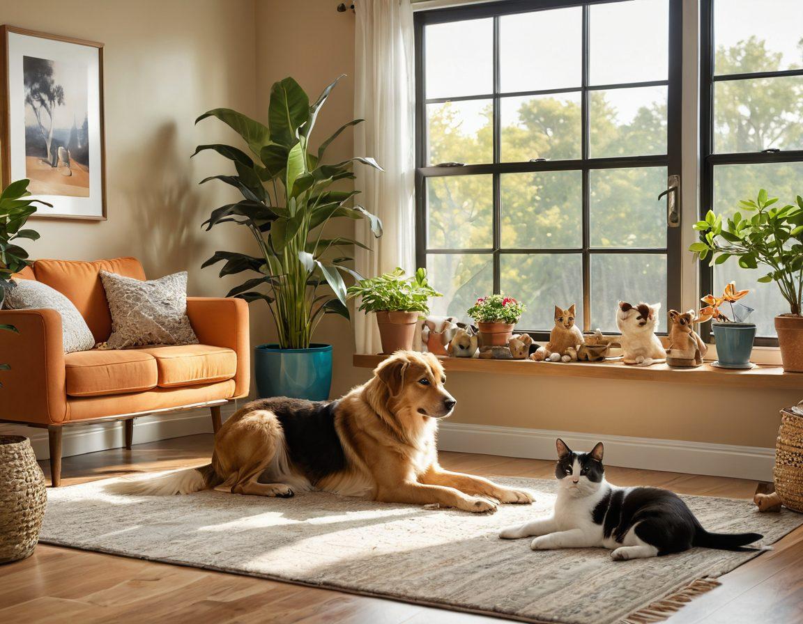 A warm and inviting living room scene featuring a dog and a cat playing happily together, surrounded by various enrichment toys and cozy pet furniture. Include plants for a natural touch, and a window showing a sunny day outside, symbolizing growth and nurturing. The image should evoke feelings of love and companionship, with soft lighting enhancing the atmosphere. vibrant colors. super-realistic.